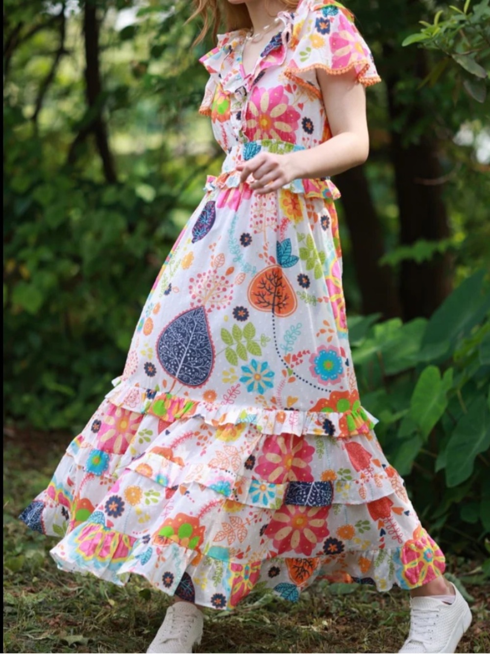 Floral Tiered Midi Dress - White with Multicolor Floral Print